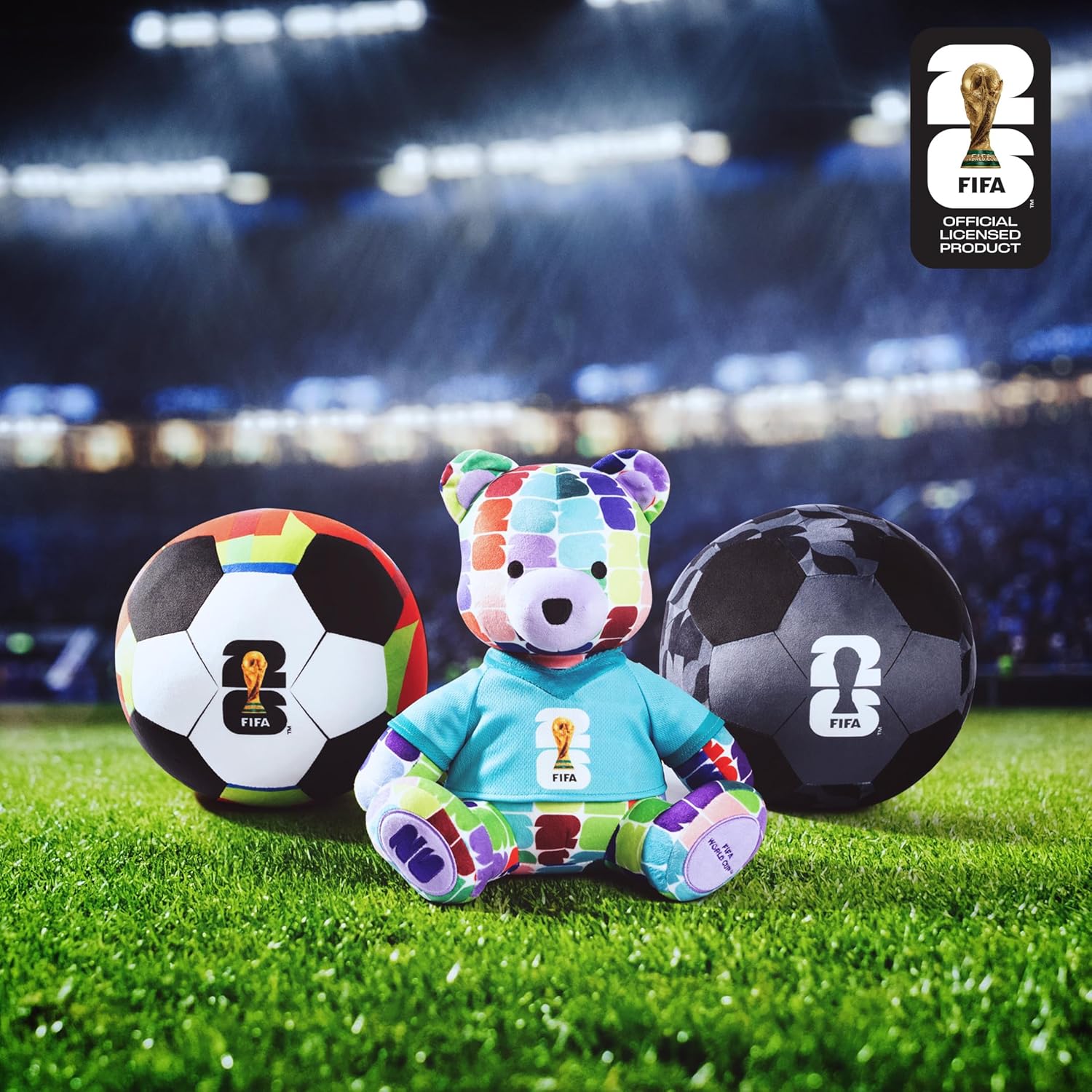 Jazwares FIFA World Cup 2026 10-Inch Colorful Bear Plush — Official Collectible w/ Trophy Logo Tee — lifestyle view