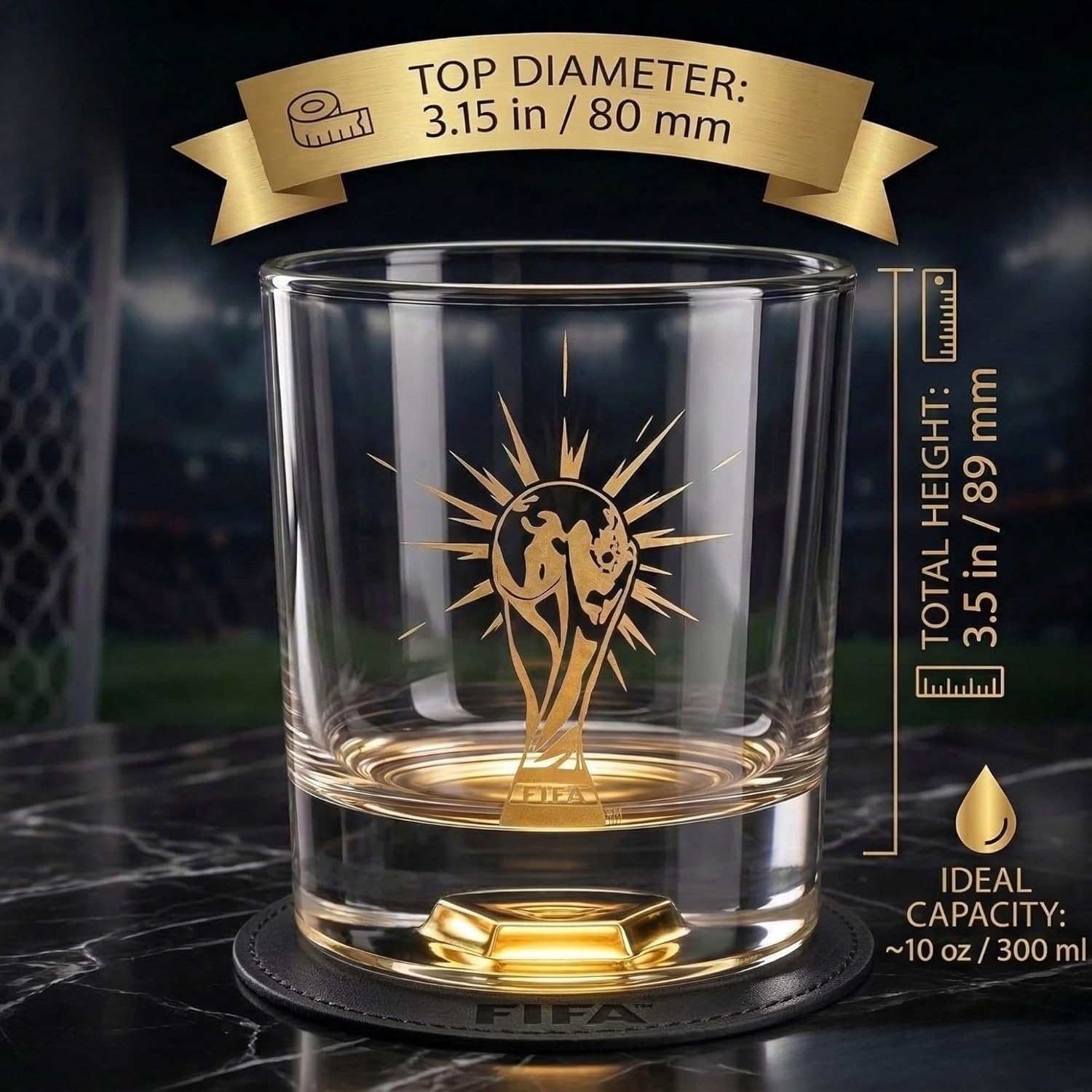 Official FIFA World Cup 2026 Edition — 8oz Whiskey Glass & Leather Coasters Gift Set (2 of Each)